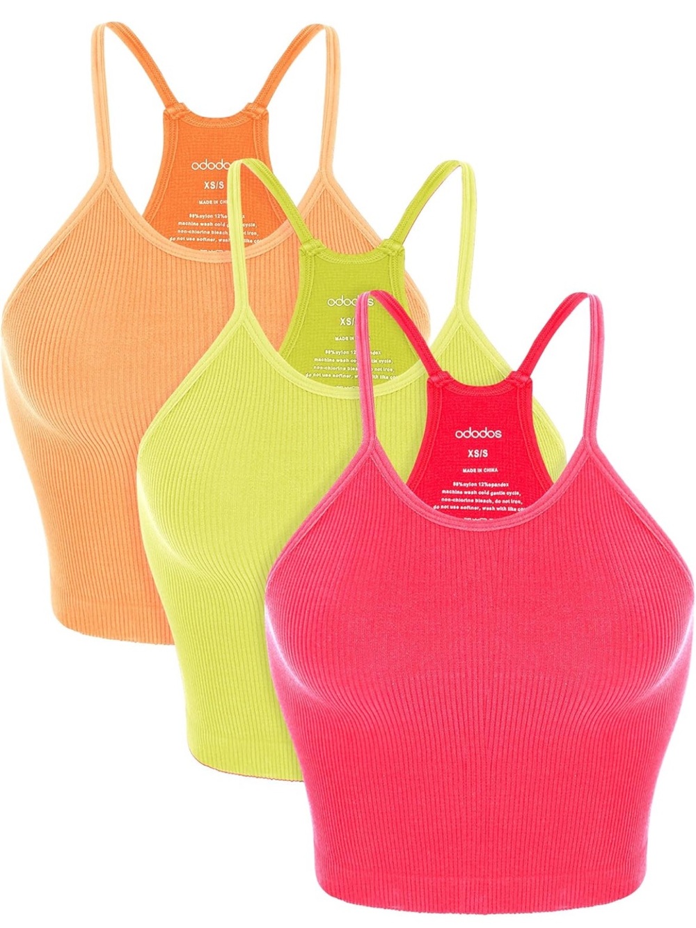 Women's Ribbed Cropped Halter Tank Top - Neon Pink, Lime, Orange (3-Pack)